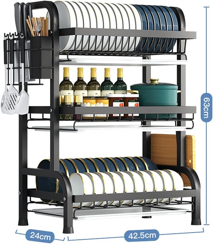 Organizador de Cocina 3 Pisos con Bandeja de Drenaje – Acero Inoxidable Negro