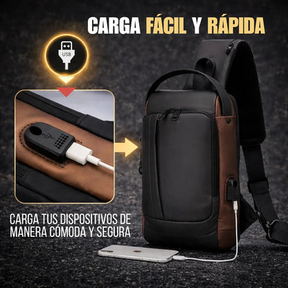 Mochila Antirrobo Cruzada Impermeable con Bloqueo y Puerto USB