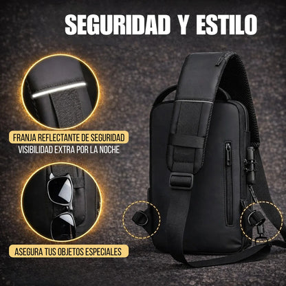 Mochila Antirrobo Cruzada Impermeable con Bloqueo y Puerto USB
