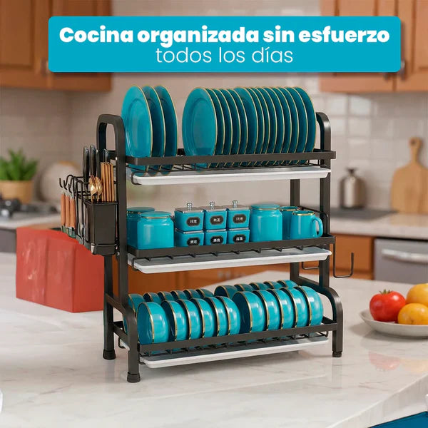 Organizador de Cocina 3 Pisos con Bandeja de Drenaje – Acero Inoxidable Negro