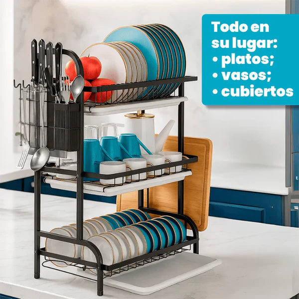 Organizador de Cocina 3 Pisos con Bandeja de Drenaje – Acero Inoxidable Negro