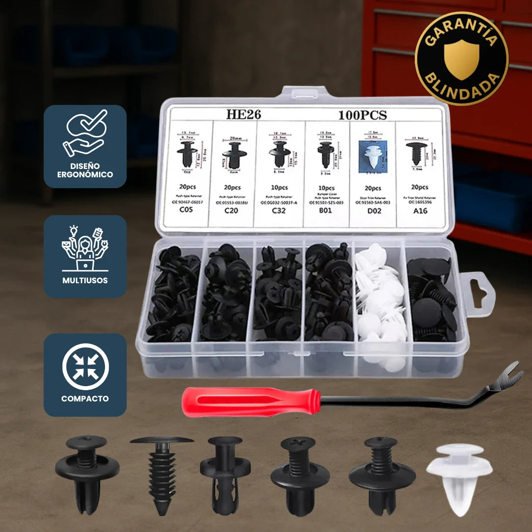 Kit Completo 100 Pz Clips y Pernos Parachoques, Puertas, Defensas Cualquier Modelo Auto (Llave Especial GRATIS🎁)