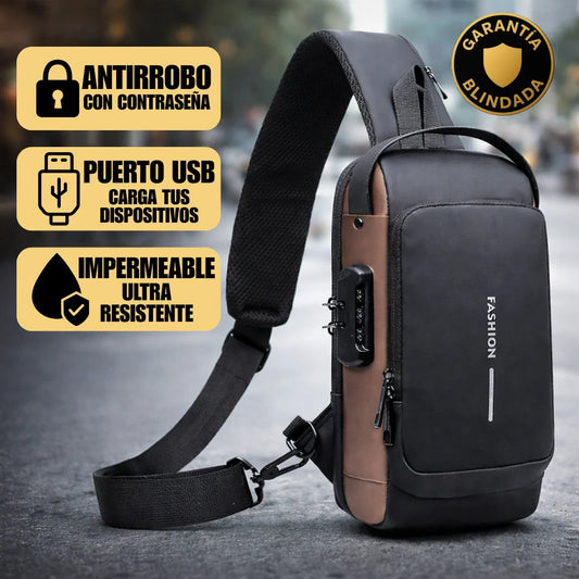 Mochila Antirrobo Cruzada Impermeable con Bloqueo y Puerto USB