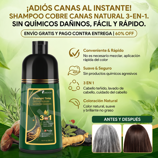 Shampoo Cubre Canas 3 en 1 Natural – Cabello Negro Instantáneo | Stock Limitado